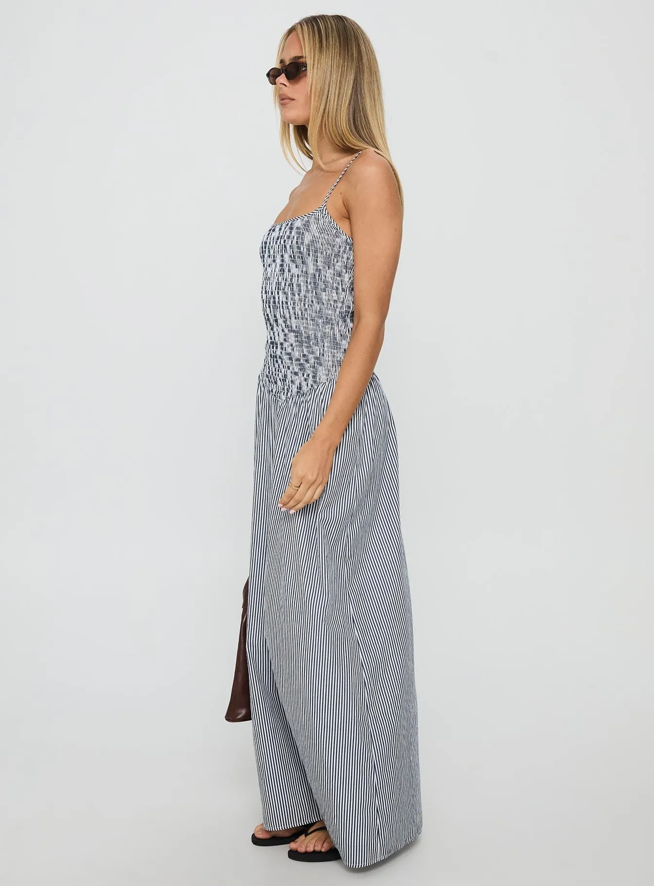 Retro Charm Kosie Shirred Maxi Dress Blue Stripe