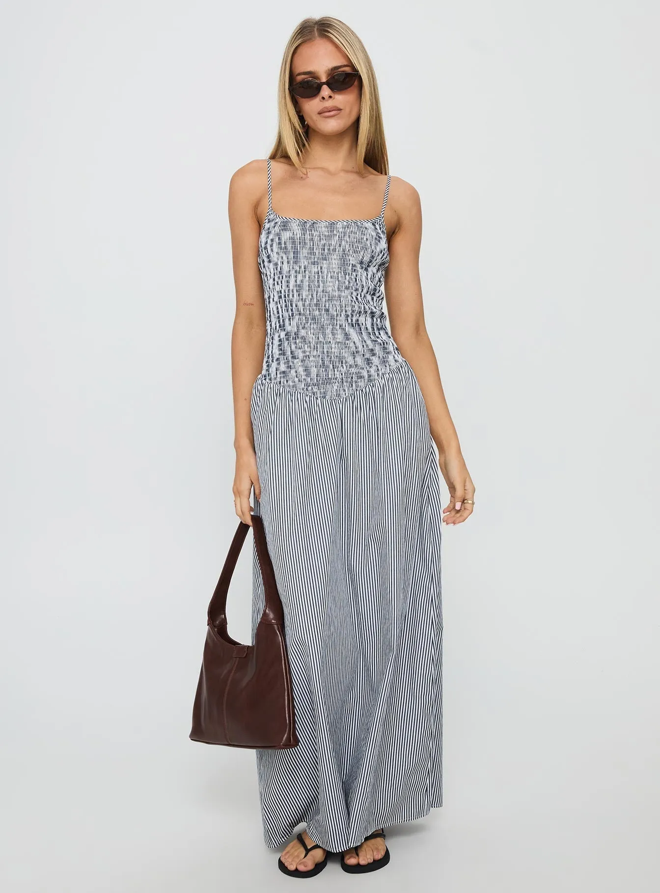 holiday vibe Onyx Shine Kosie Shirred Maxi Dress Blue Stripe
