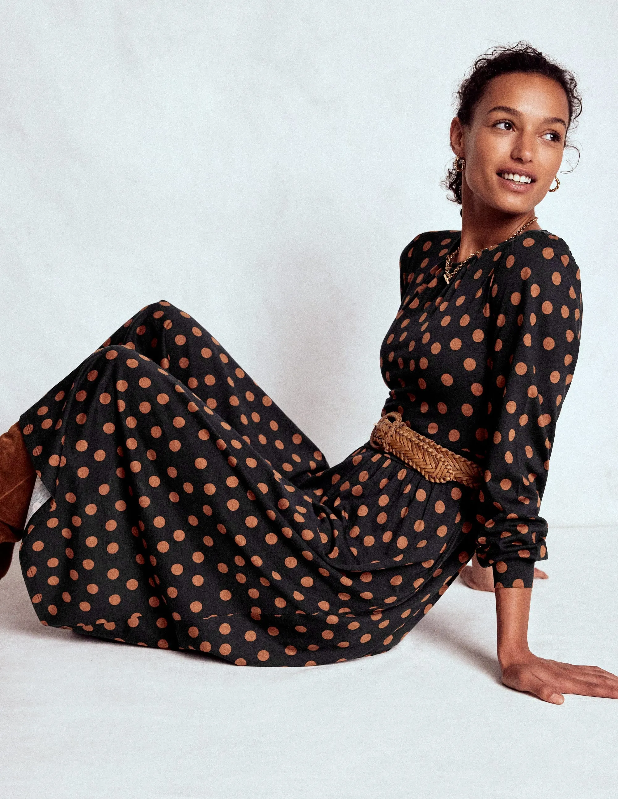 Alexandra Jersey Midi Dress-Black, Tortoise Shell Dot Travel Light