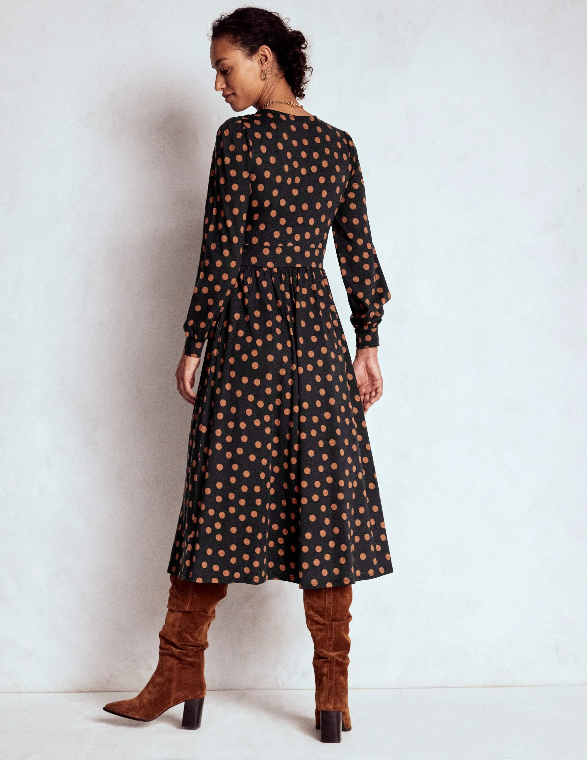Chic Comfort Alexandra Jersey Midi Dress-Black, Tortoise Shell Dot