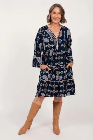 Scout Tiered Dress in Navy Filigree Downtown Cool Shine Mood