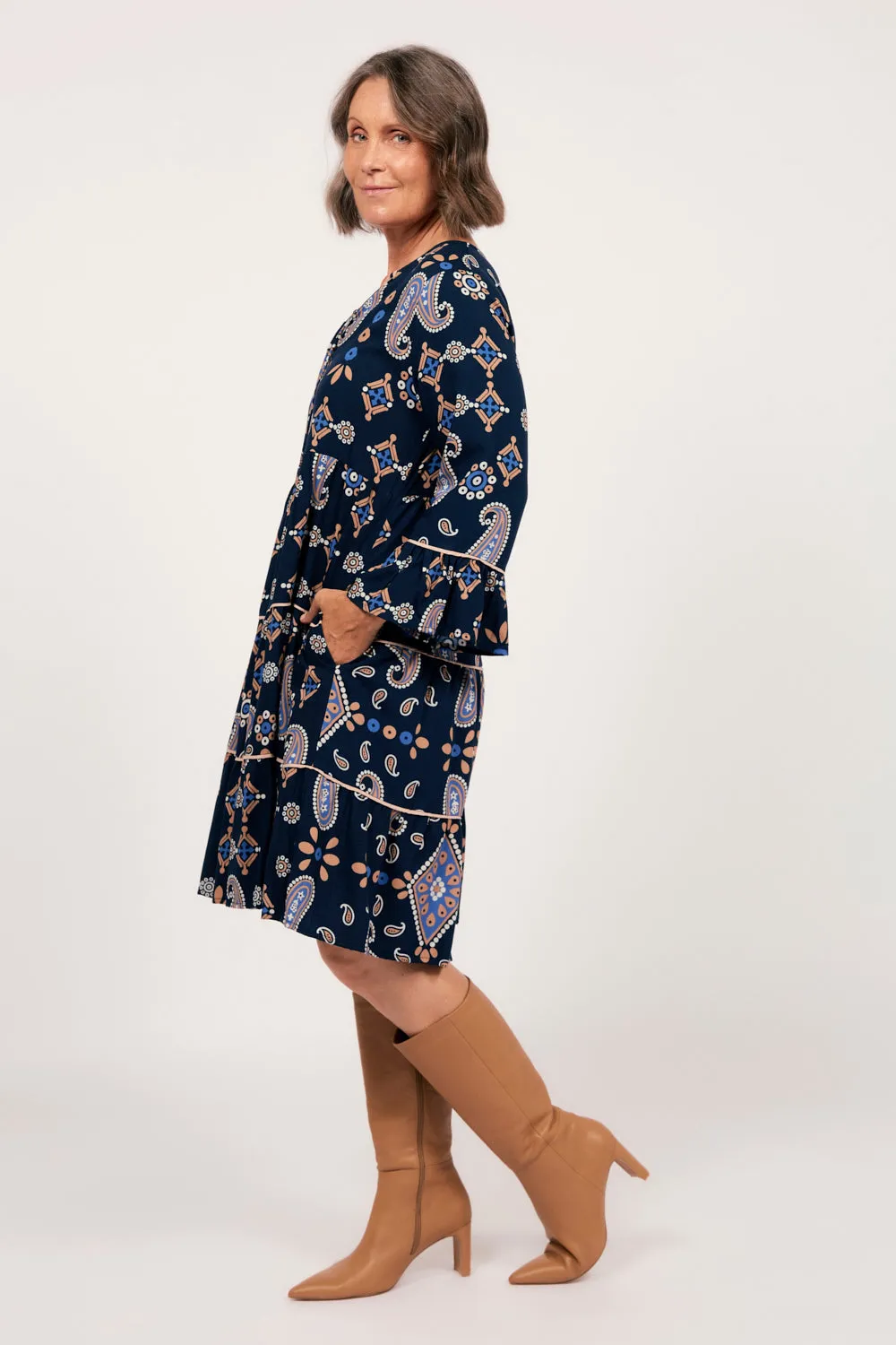 Scout Tiered Dress in Navy Filigree Conscious Fit SlipResistantWaistband