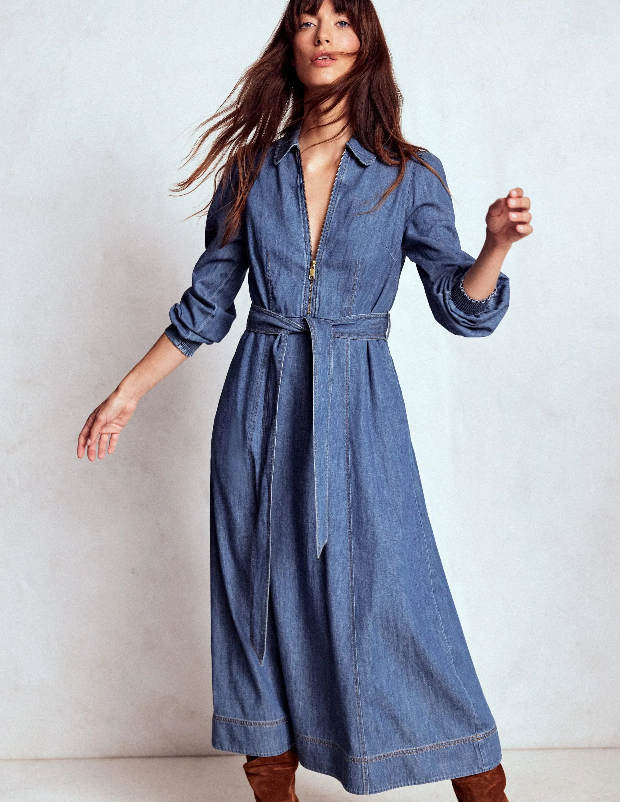 Urban Ease Adelaide Zip Denim Midi Dress-Mid Vintage Denim