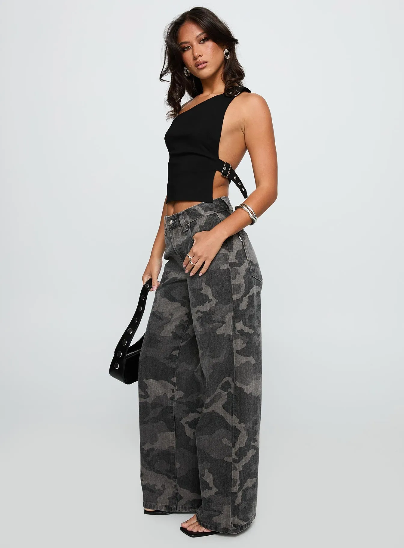 Comfy Option Active Days Big Talk Baggy Jeans Grey Washed Camo