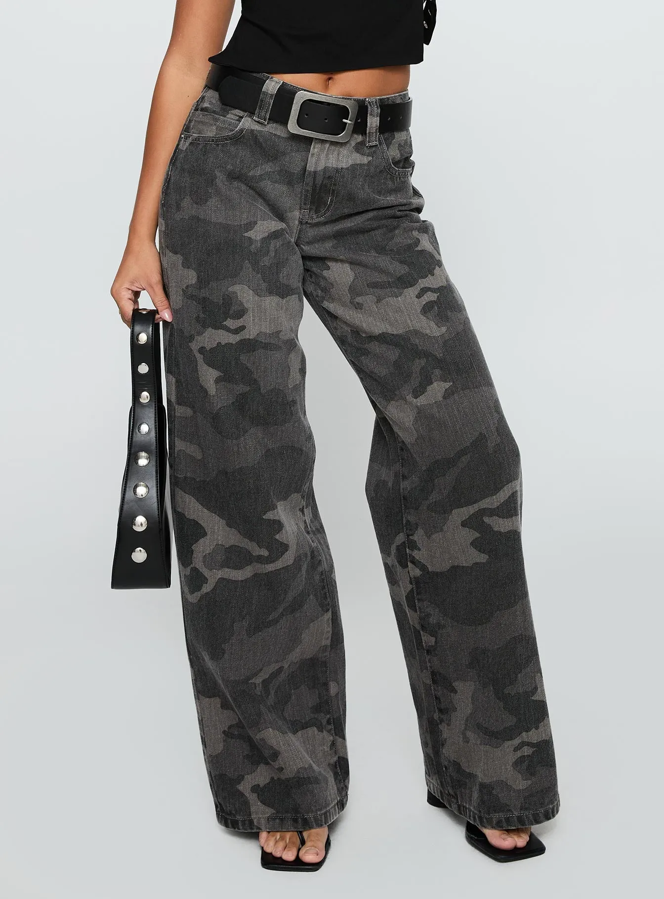 Big Talk Baggy Jeans Grey Washed Camo Straight Cut Fashion Piece