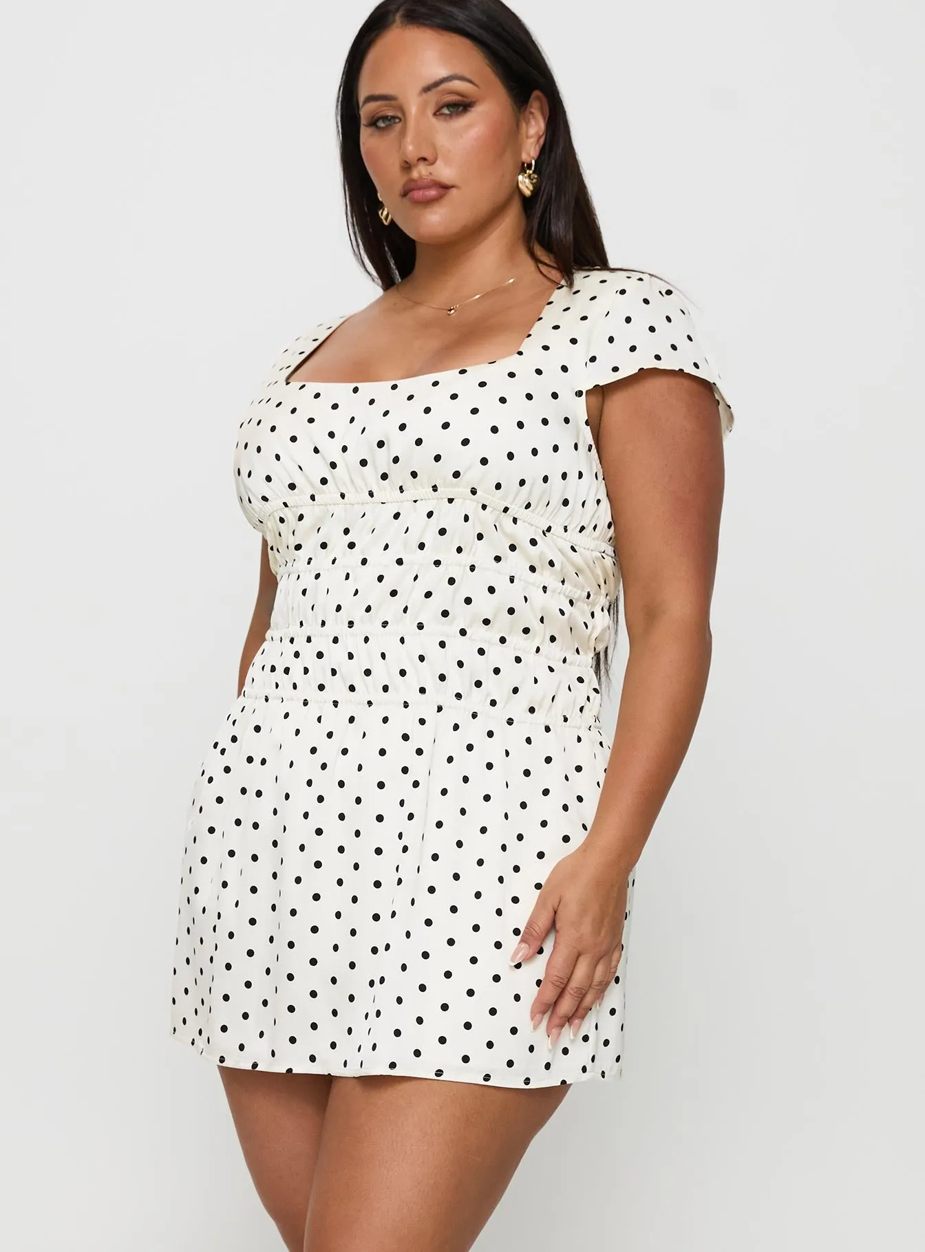 Evangelie Ruched Mini Dress White Polka Curve Glow Heat Summer Ready Look