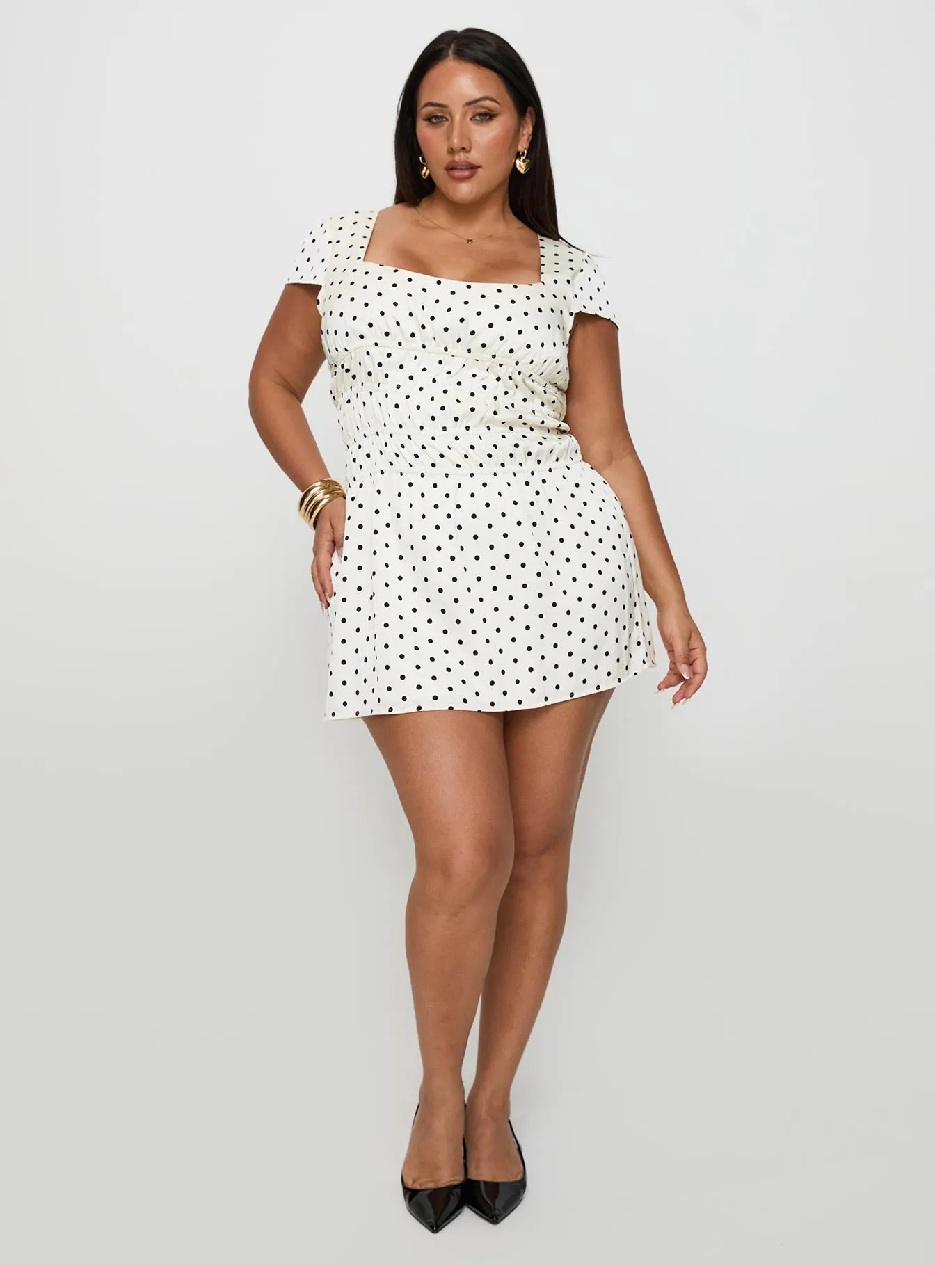 Evangelie Ruched Mini Dress White Polka Curve Show Chic