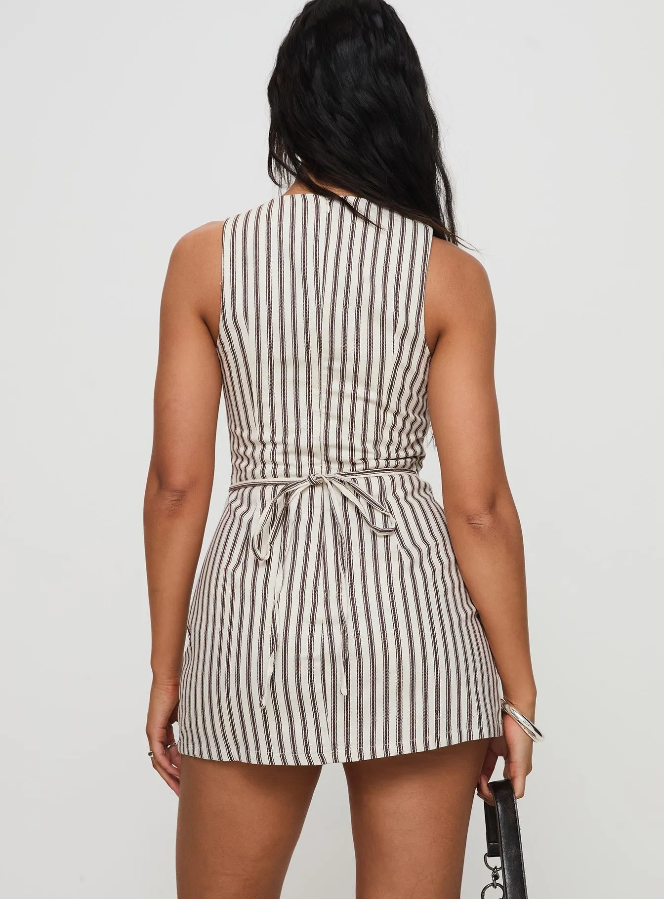 Yumiko Romper Brown Stripe Double Layered Hem Weekend Ready
