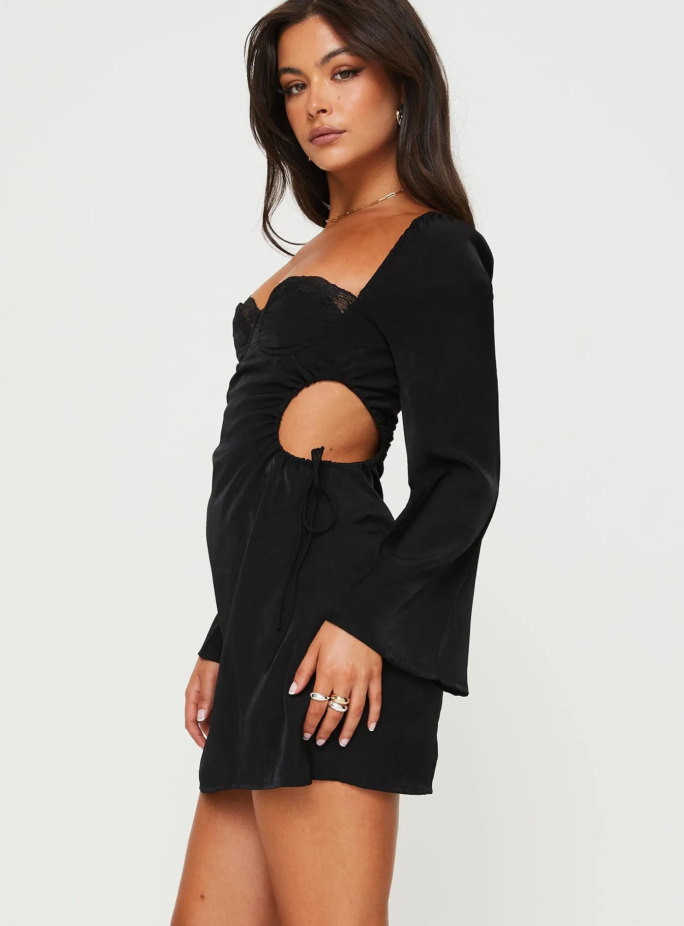 Hazel Long Sleeve Mini Dress Black City Scene Fishtail Hem Finish