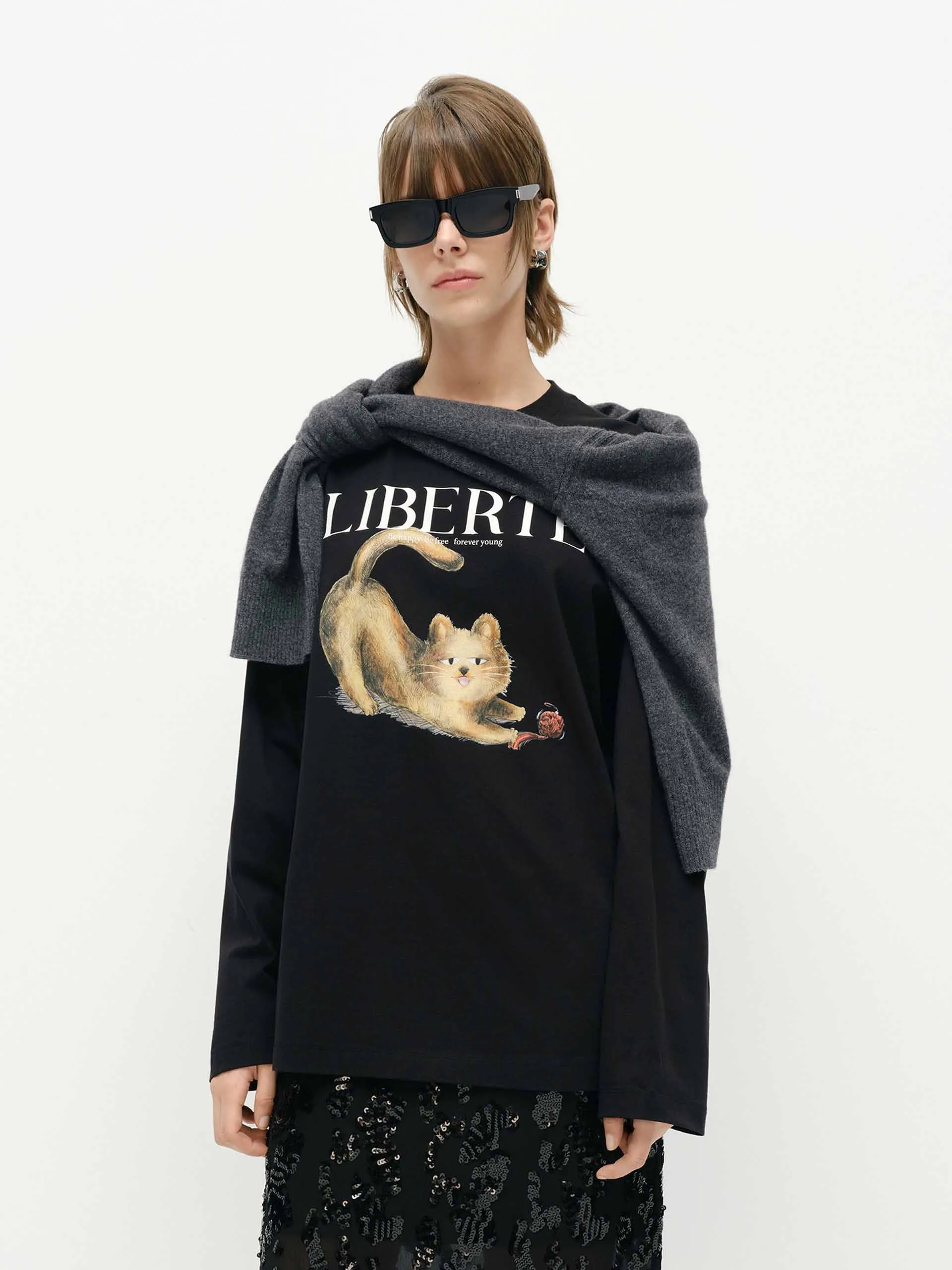 cycling outfit Loose Cat Print T-shirt