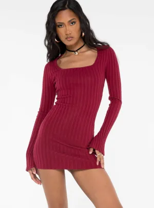 Barossa Long Sleeve Mini Dress Burgundy Weighted Hem Club Pop