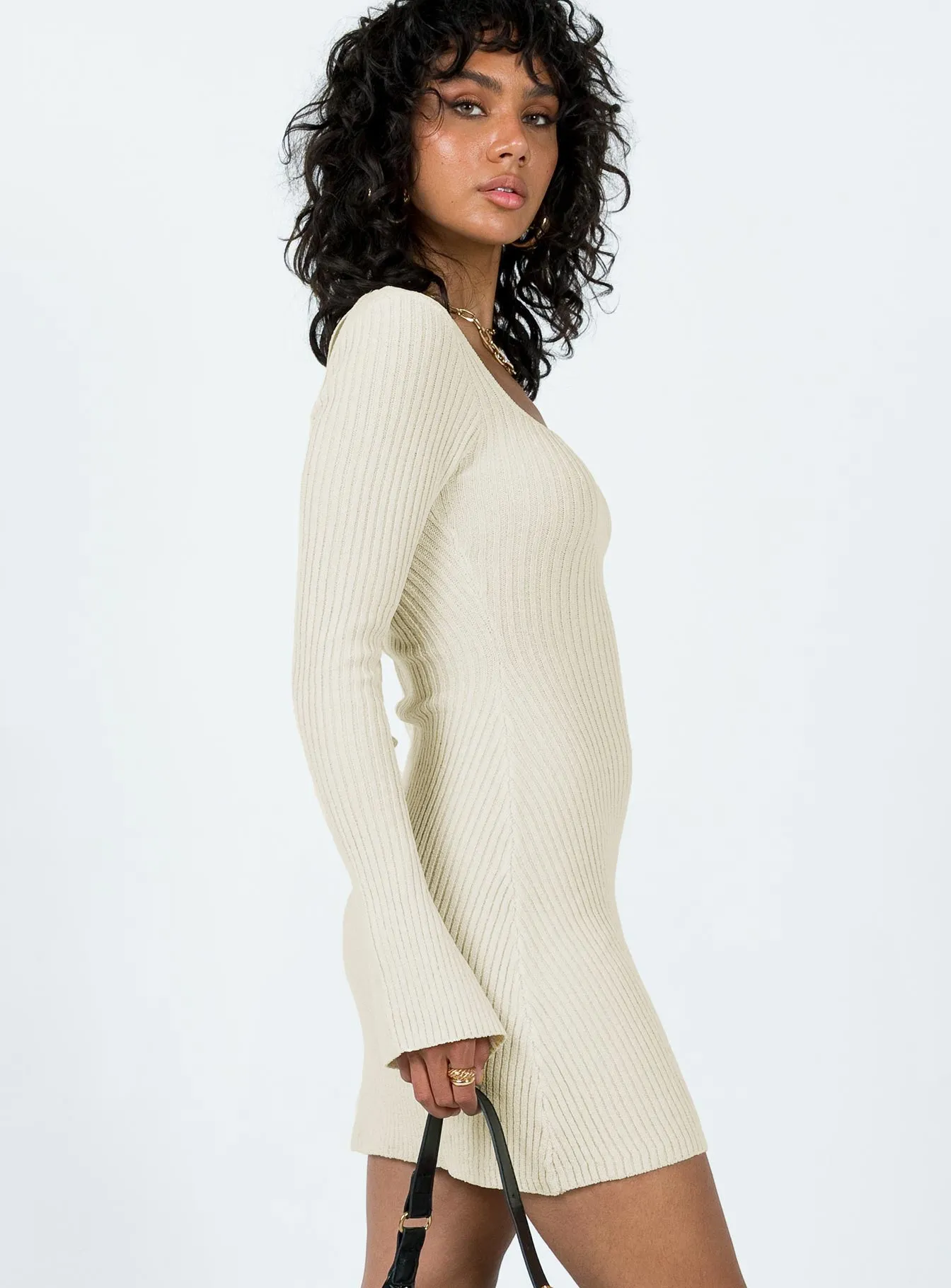 Club Pop Tagless Design Brownhall Long Sleeve Mini Dress Beige