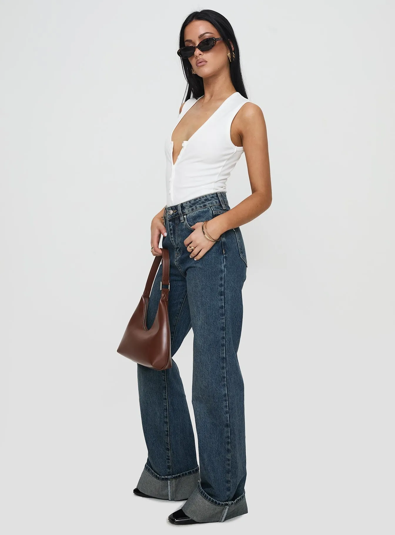 Florida Keys Mid Rise Straight Leg Cuffed Jeans Mid Blue Loose Outdoor Adventure Work Meeting Sharp Silhouette