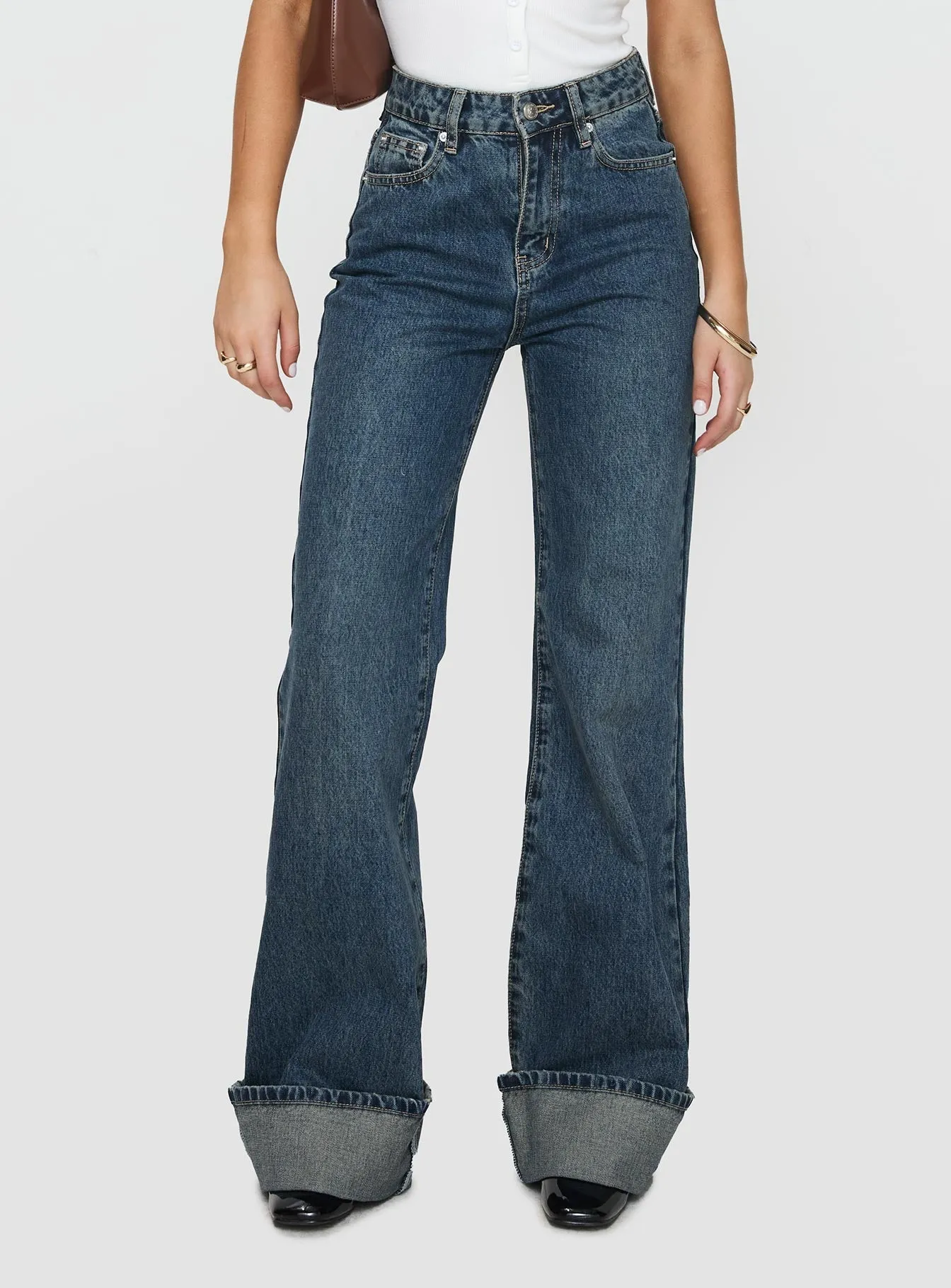 Neutral Base Florida Keys Mid Rise Straight Leg Cuffed Jeans Mid Blue