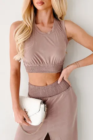 Body Mapped Ventilation easy to repair Bringing The Heat Smocked Hem Crop Top (Dark Taupe)