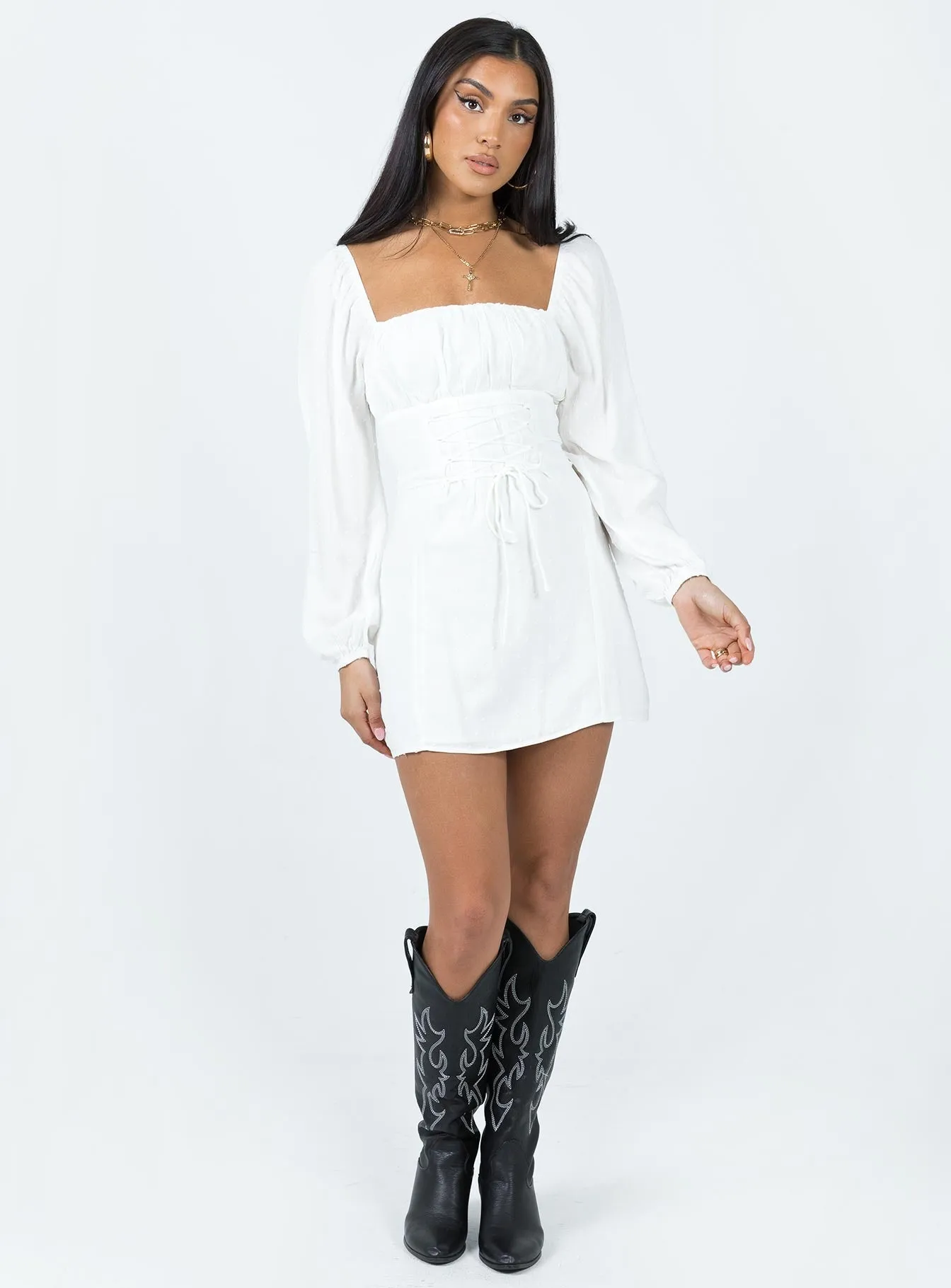 Star Beat Fauce Long Sleeve Mini Dress Cream