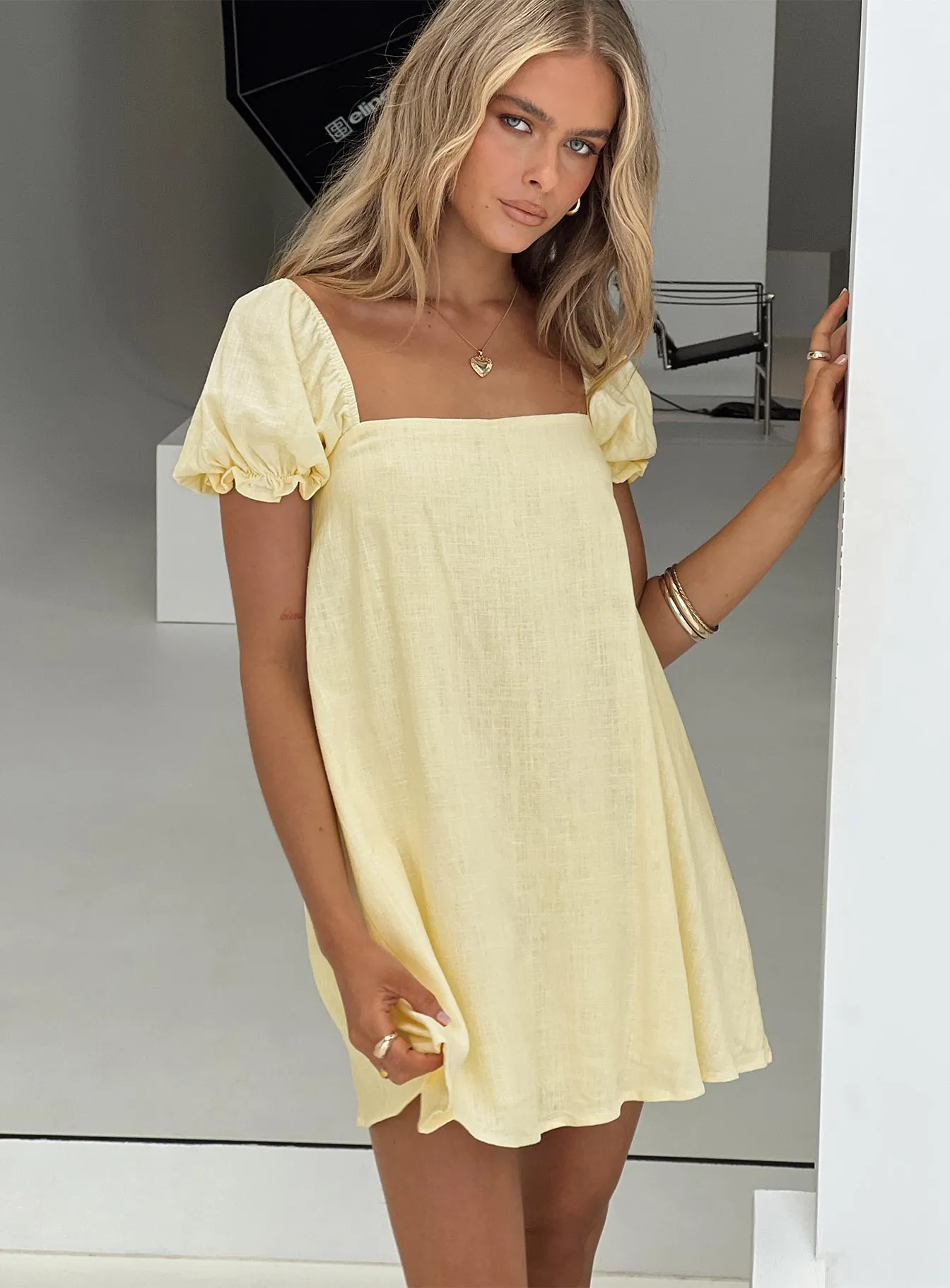 Beyond Linen Blend Mini Dress Yellow Moisture Wicking Lining