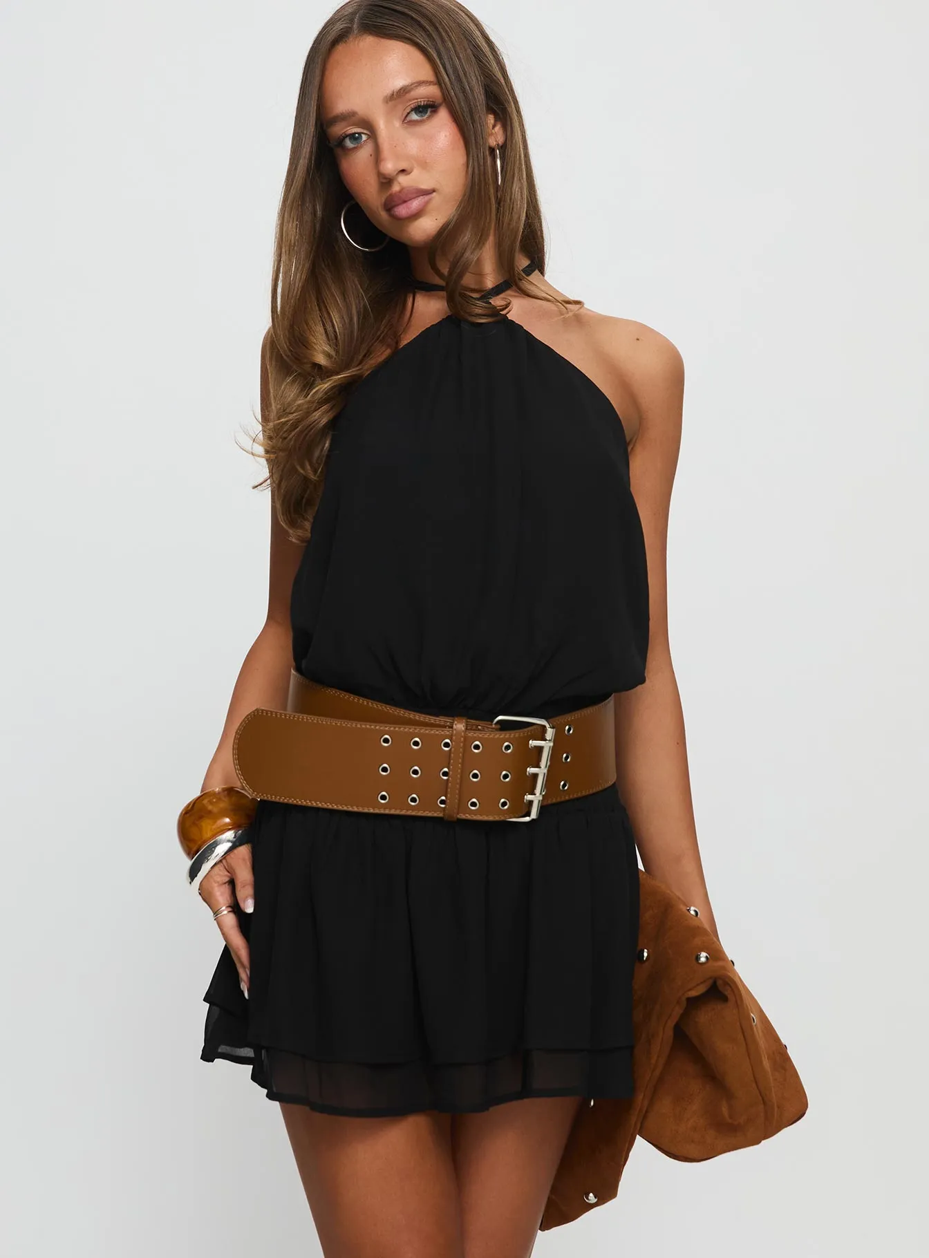 Petite Fit Khamira Halter Shirred Mini Dress Black