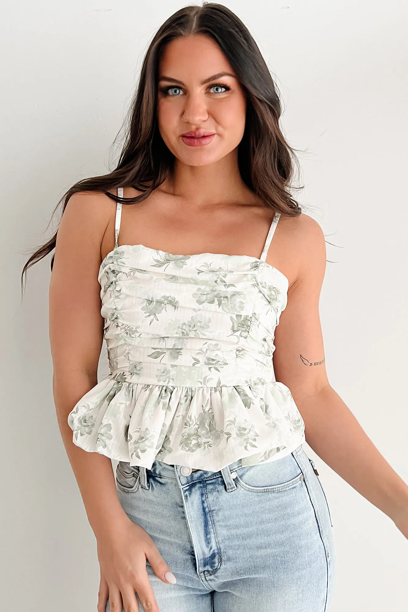Nature's Palette Ruched Floral Peplum Tank (Sage) TemperatureRegulating Fabric Quick Coolness