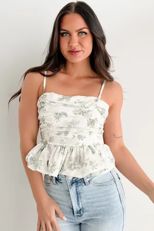 Anti Odor Technology Outdoor Use Nature's Palette Ruched Floral Peplum Tank (Sage)