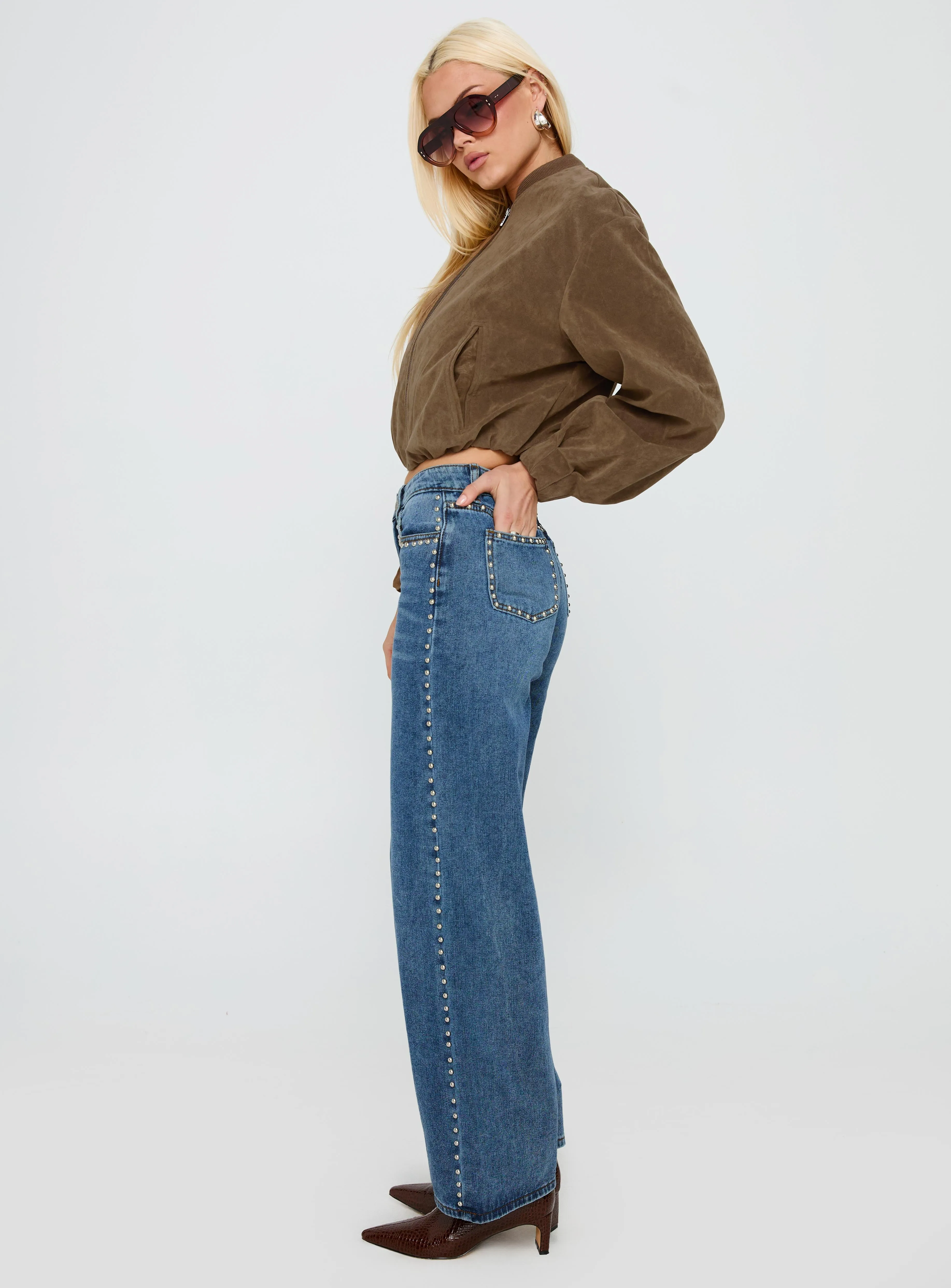 Saving Up Stud Detail Jeans Mid Blue quick dry
