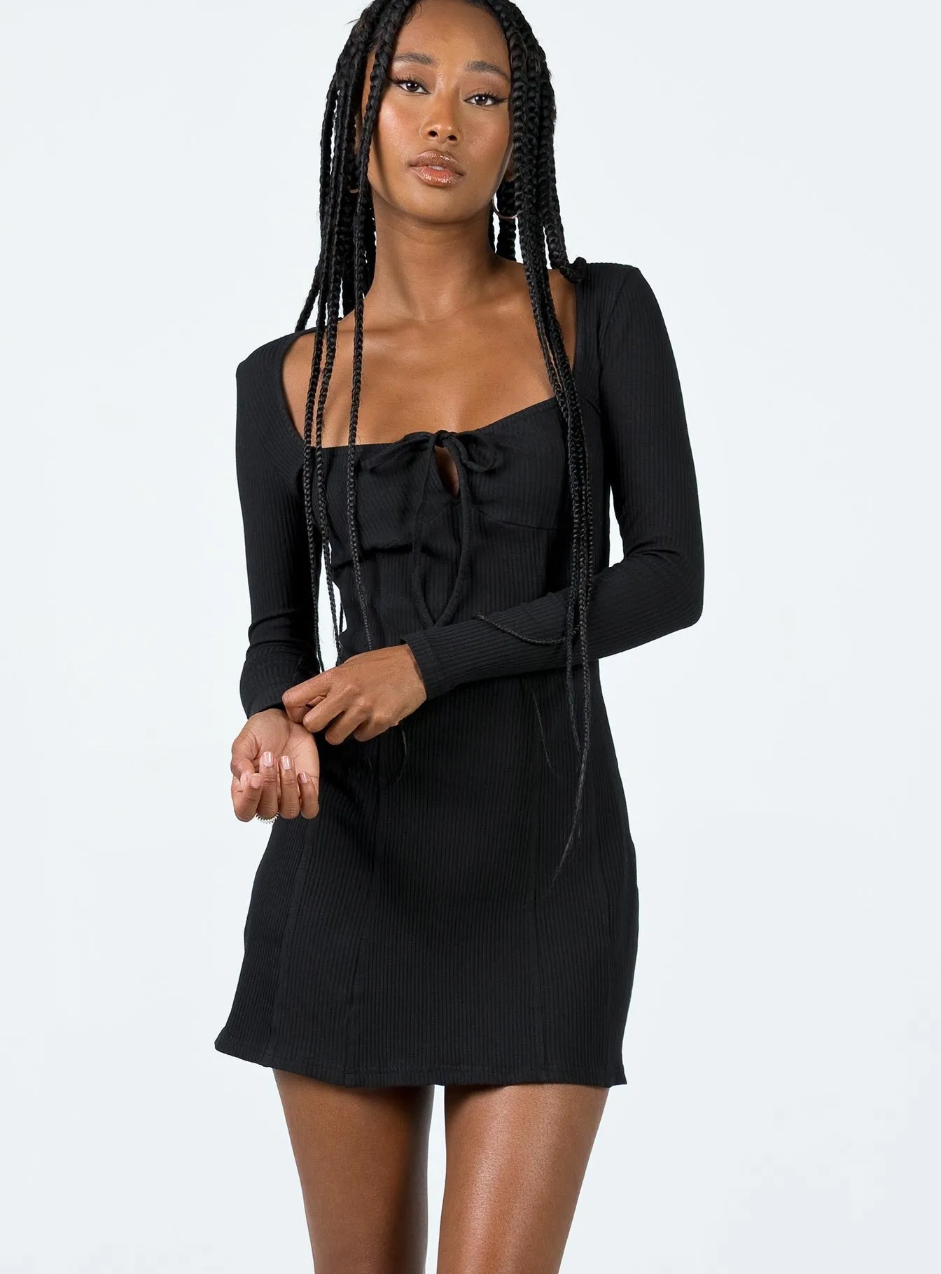 Party Rush Bold color mini Normandy Long Sleeve Mini Dress Black