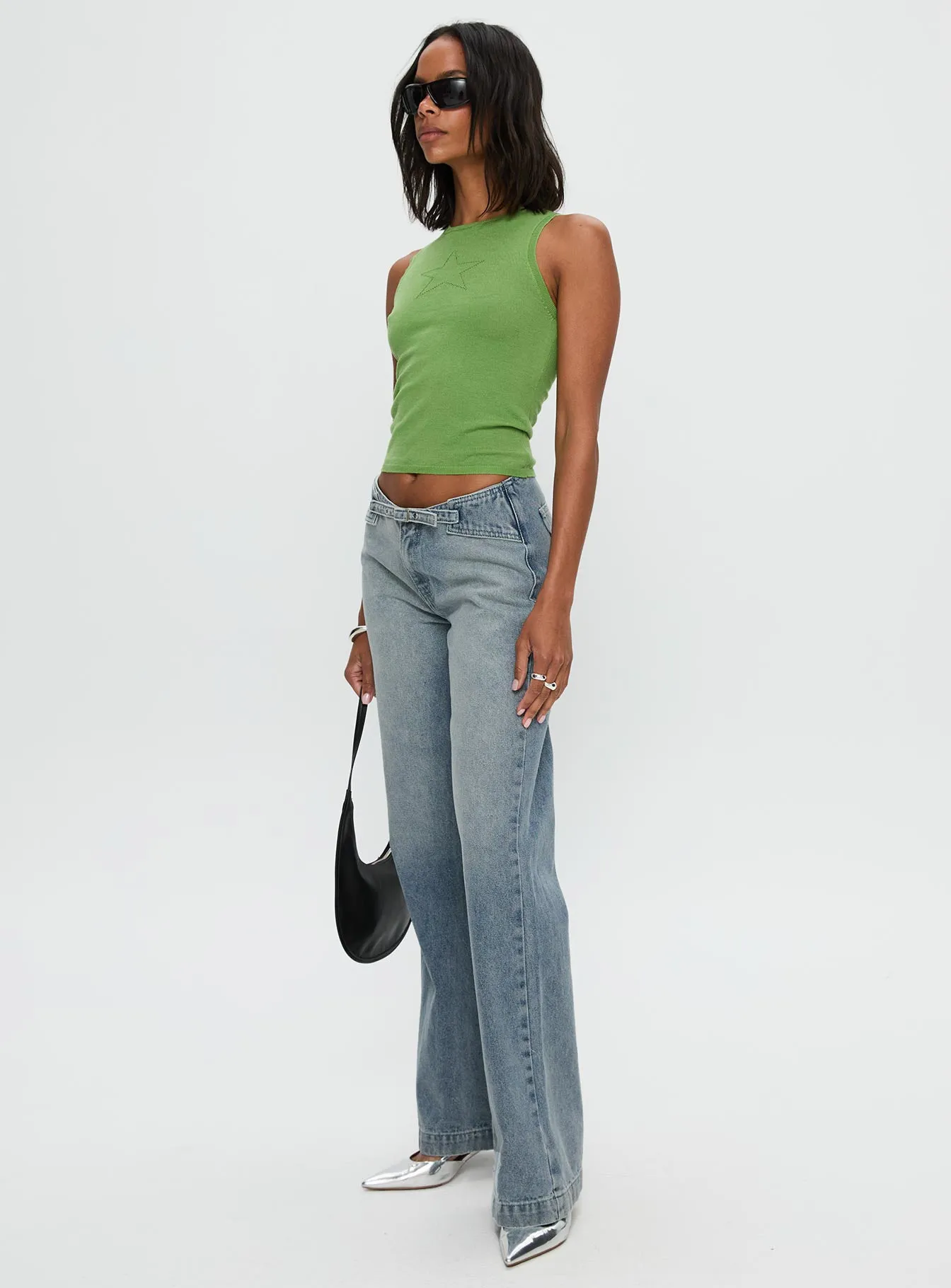 Beach Day Breathable Eco Friendly Denim Slow Ride Mid Rise Bootleg Belted Jeans Light Blue