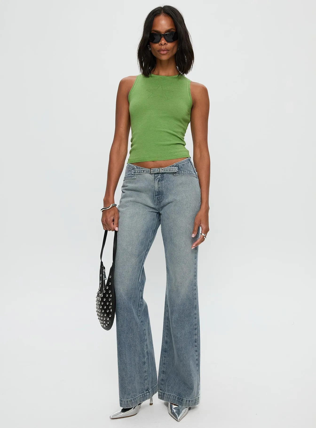 Timeless Match Brushed Interior Slow Ride Mid Rise Bootleg Belted Jeans Light Blue