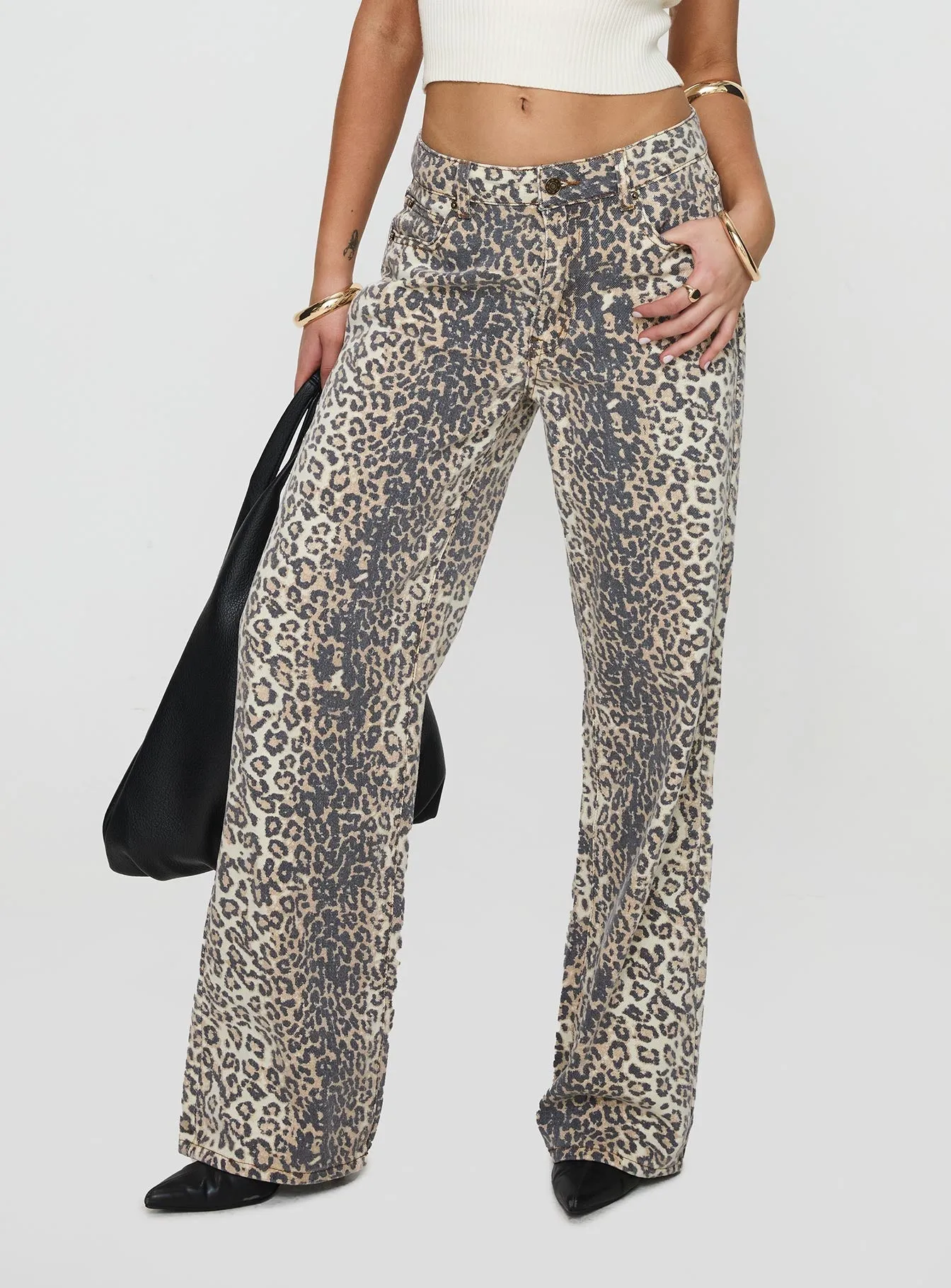 Top Model Low Rise Straight Leg Jeans Leopard Fade Everyday Outdoor Enthusiast Vibrant Versatile Relaxed Style