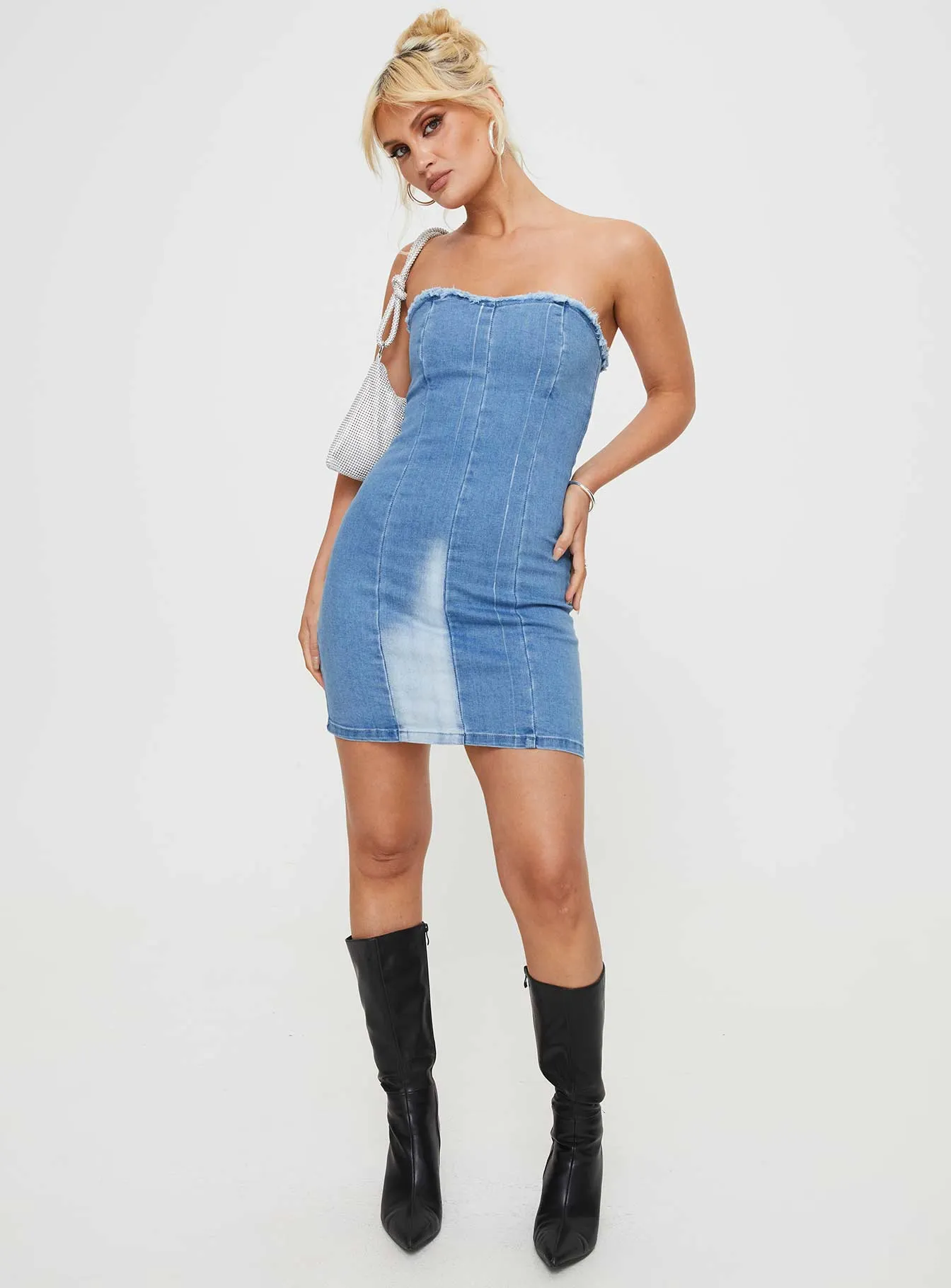 Bright patterned mini for spring Wrinkle resistant fabric Battick Denim Strapless Mini Dress Blue