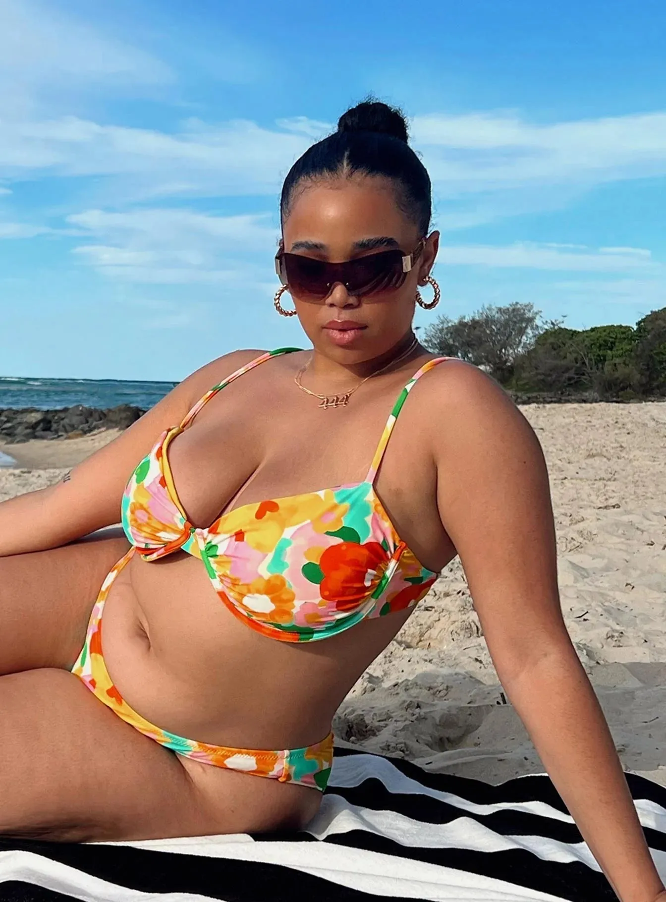 Ellie Eco Nylon Bikini Top Yellow Floral Curve Quick Access Side Pockets