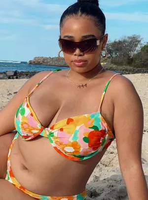 Quick Dry Elastic Band Ellie Eco Nylon Bikini Top Yellow Floral Curve