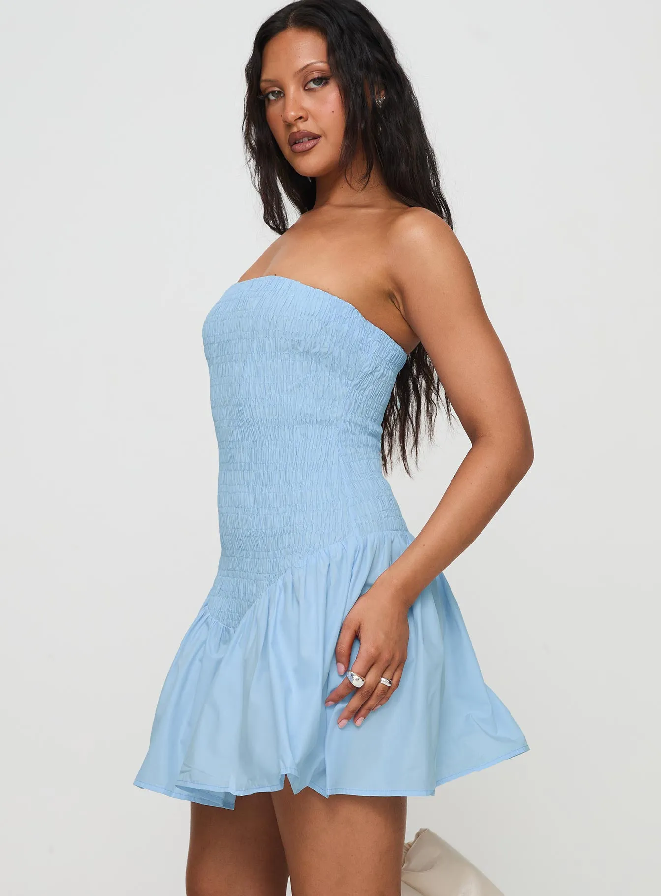 La Pelosa Strapless Mini Dress Blue Hidden Pocket Design