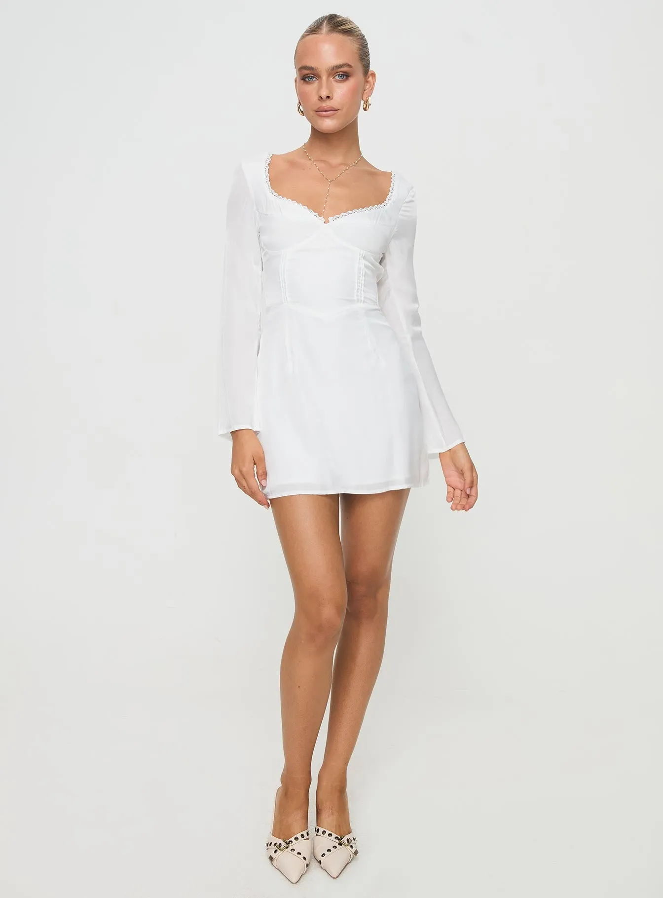 Lyna Long Sleeve Mini Dress White Stylish short formal dress Scene Mode