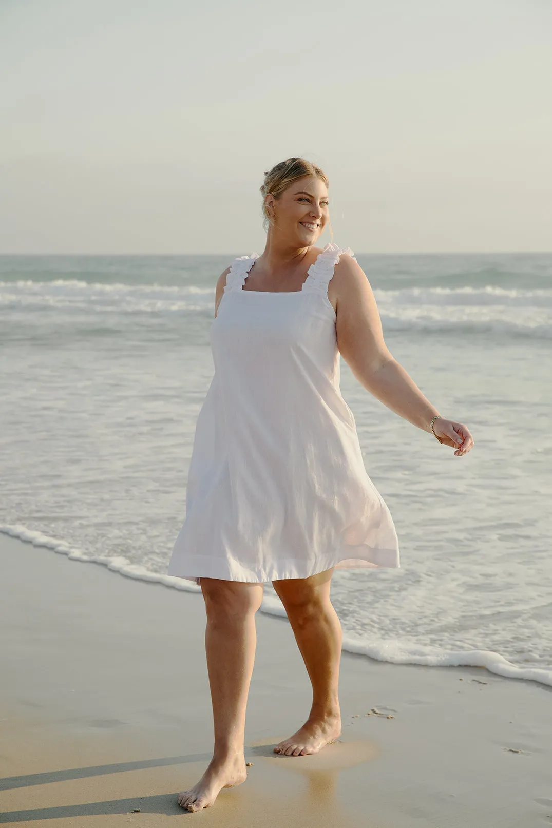 HighDensity Weave Claire Short Linen Dress in White
