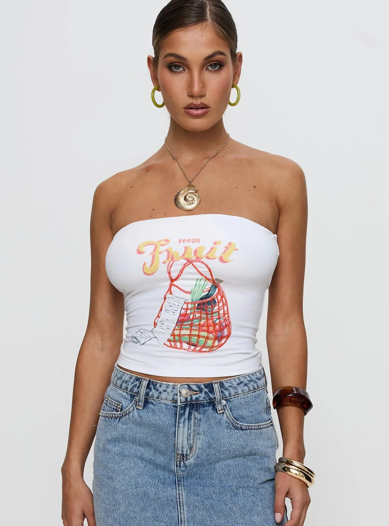 Flowing Design Lightweight Material Fresh Fruit Strapless Top Ivory