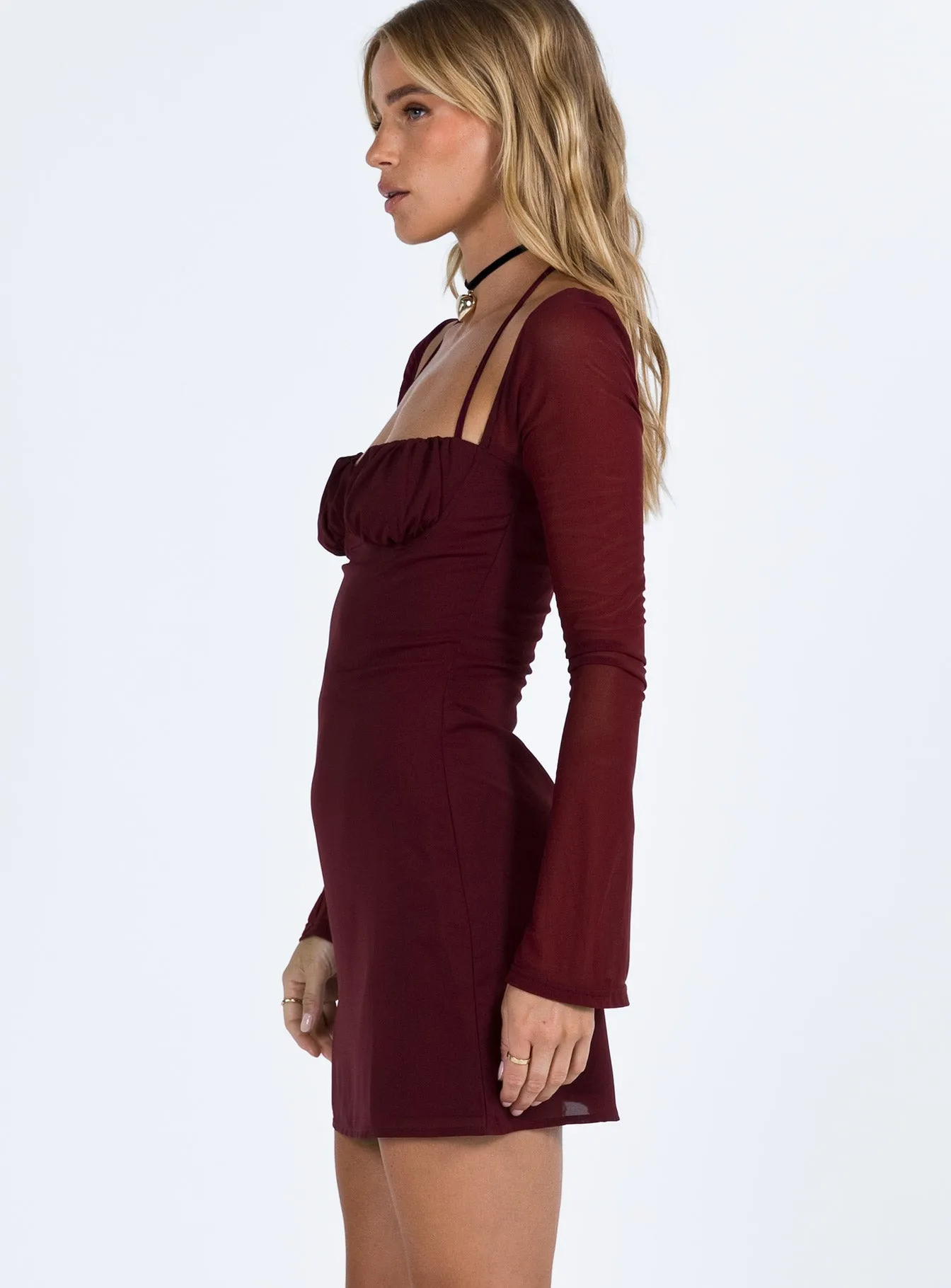 Dyer Sheer Sleeve Mini Dress Burgundy Smart Wear Bold Fashion