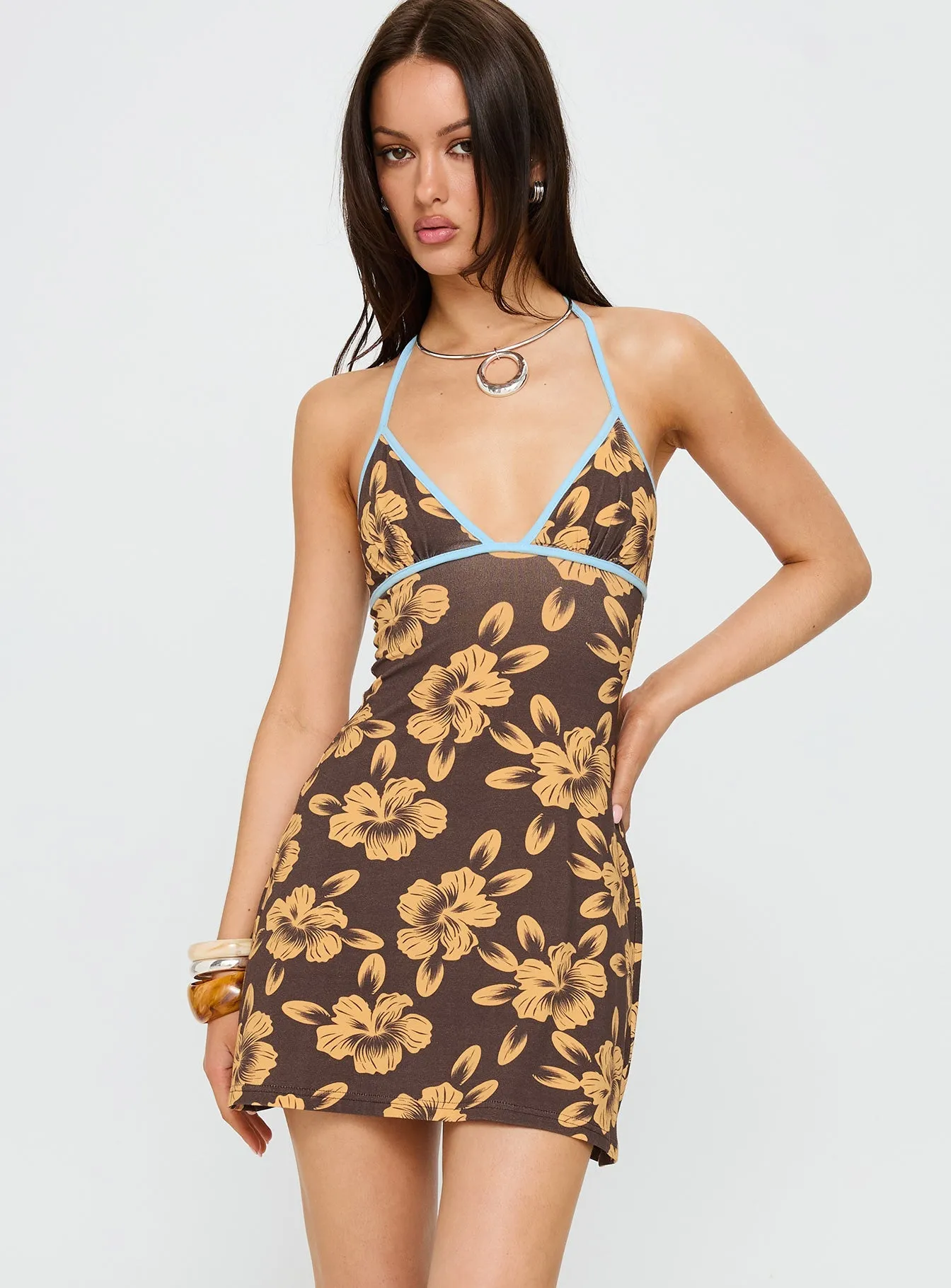 Beat Mode Mishie Halter Mini Dress Brown / Blue Floral